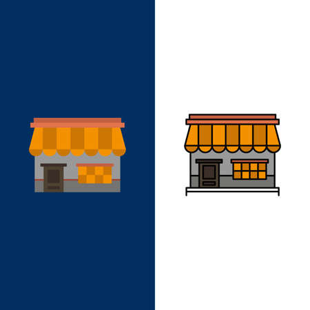 Shop, Online, Market, Store, Building  Icons. Flat and Line Filled Icon Set Vector Blue Backgroundのイラスト素材