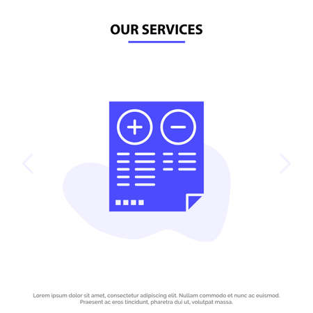 Our Services Pros, Cons, Document, Plus, Minus Solid Glyph Icon Web card Templateのイラスト素材