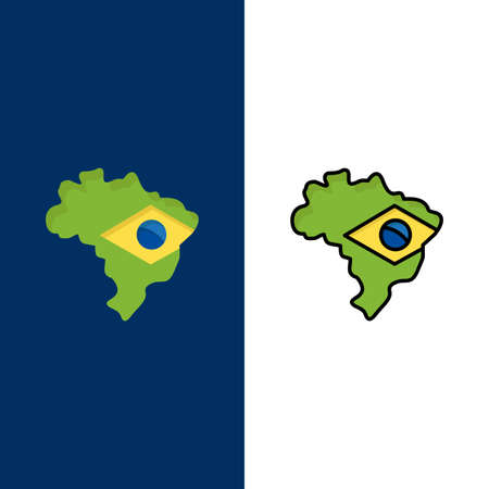 Map, Flag, Brazil  Icons. Flat and Line Filled Icon Set Vector Blue Backgroundのイラスト素材