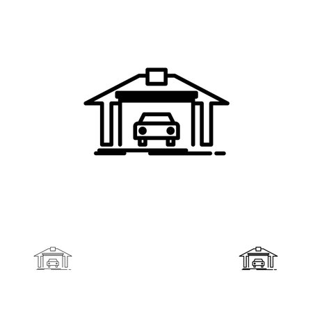 Garage, Building, Car, Construction Bold and thin black line icon setのイラスト素材