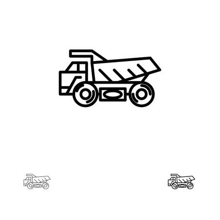 Truck, Trailer, Transport, Construction Bold and thin black line icon setのイラスト素材