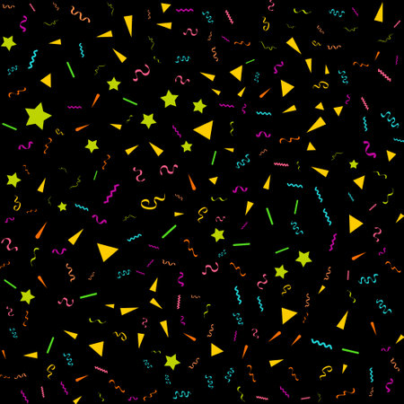 Vector abstract Black Background with many falling tiny colorful confetti pieces and ribbon. Carnival. Christmas or New Year decoration colorful party pennants for birthday. festival Vector Illustrationのイラスト素材