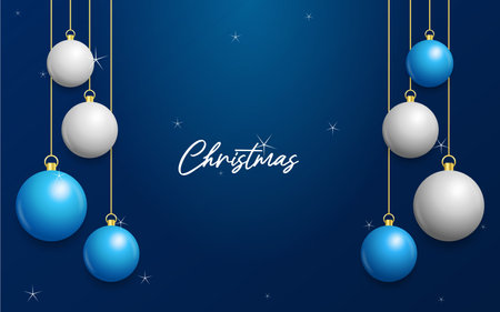 Christmas blue background with hanging shining white and Silver balls. Merry christmas greeting cardのイラスト素材