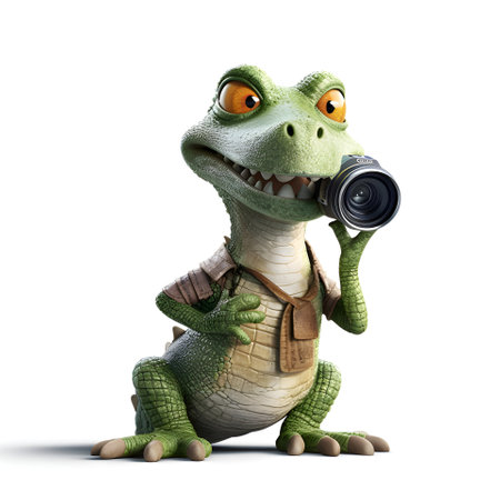 Crocodile with a camera on a white background. 3d illustrationの素材