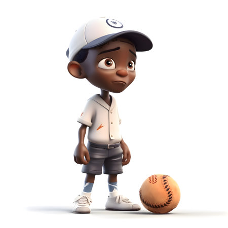 3D Render of an African American boy with baseball cap and ballの素材