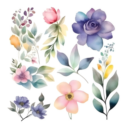 Set of watercolor flowers. Hand drawn illustration. Design elements.の素材