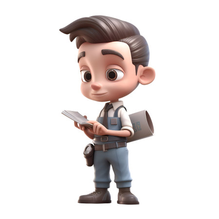 3D illustration of a cartoon character with a book in his handsの素材