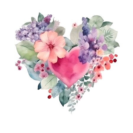 Watercolor heart with flowers and leaves. Illustration for your designの素材
