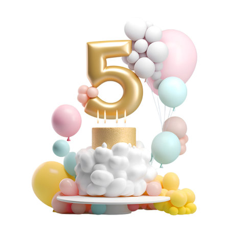 Number 5 birthday celebration cake with balloons and confetti. 3D Renderの素材
