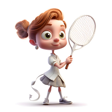 3D Render of Little Girl with Tennis Racket on white backgroundの素材