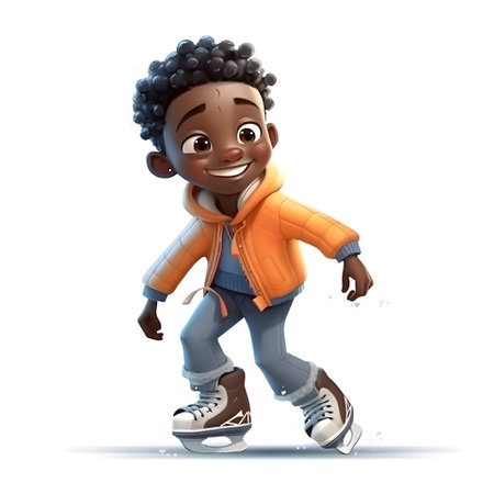 3D Render of an African-American boy ice skating on iceの素材