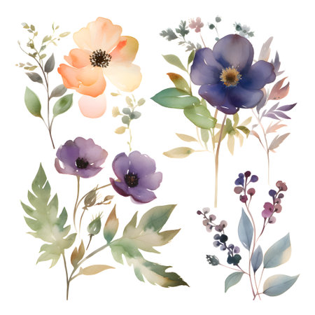 Watercolor illustration of anemone flowers. leaves and twigsの素材