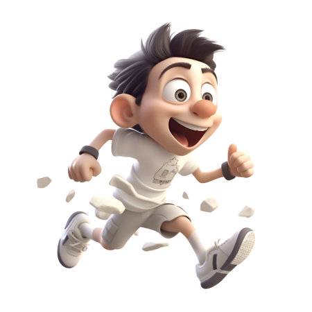 3D illustration of a cartoon character running with a smile on his faceの素材