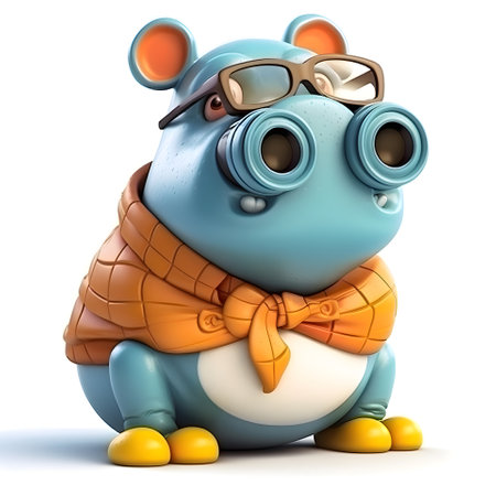 Cartoon hippo with glasses sitting on the floor - 3D Illustrationの素材