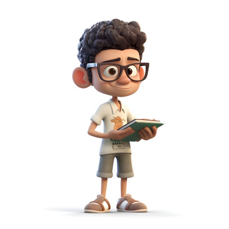 3D Render of a Little Boy with book and eyeglassesの素材
