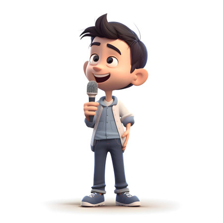 3D Render of a boy with a microphone on a white backgroundの素材