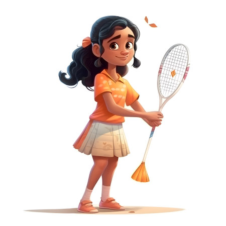 Little girl playing badminton. Cartoon character. Vector illustration.の素材
