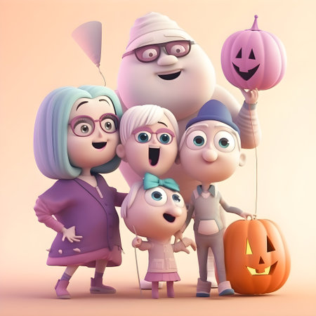 Happy family with Halloween pumpkins. 3D illustration. Cartoon style.の素材
