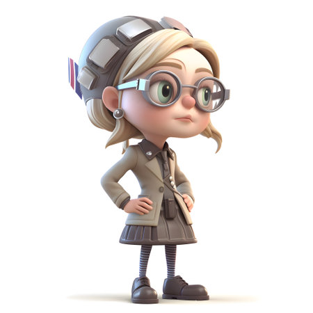 3D illustration of a cute cartoon girl with glasses and a pilot hatの素材