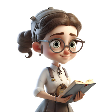 3d illustration of a cute girl with glasses reading a book.の素材