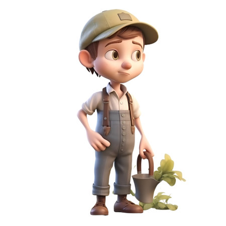 3D Render of a little boy with a watering can and plantの素材