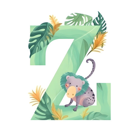 Alphabet letter Z with cute cartoon monkey and tropical leaves. Vector illustration.の素材