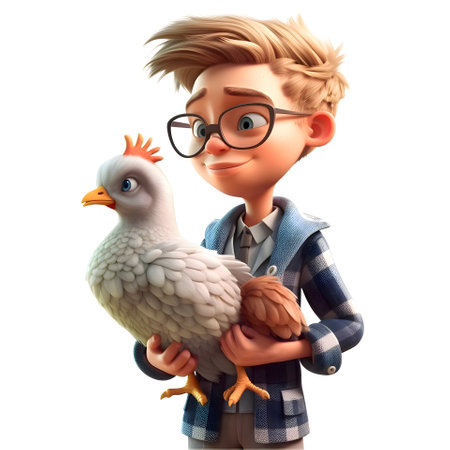 3D Render of a cute boy with a chicken isolated on white backgroundの素材