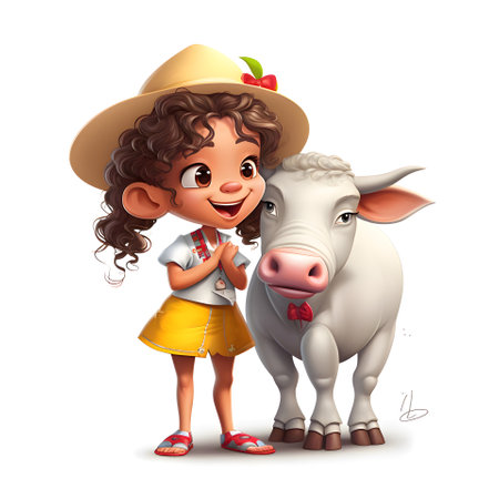 Illustration of a little girl and a cow on a white backgroundの素材
