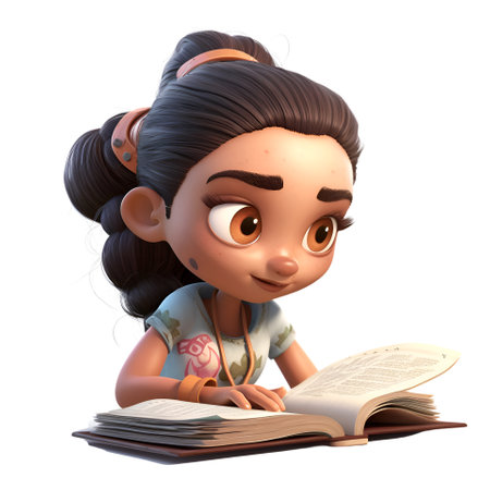 3D Render of a Little Girl Reading a Book Isolated on White Backgroundの素材