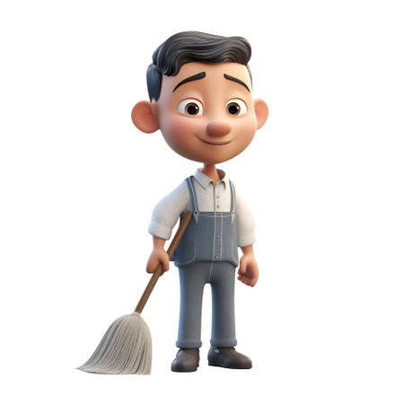 Cartoon character of a cleaning man with broom on a white backgroundの素材