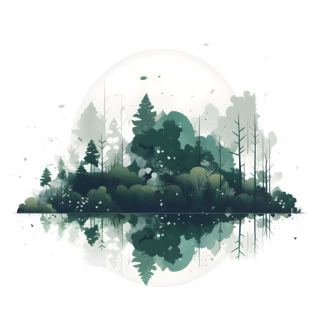 Landscape with forest and lake in watercolor style. Vector illustration.の素材