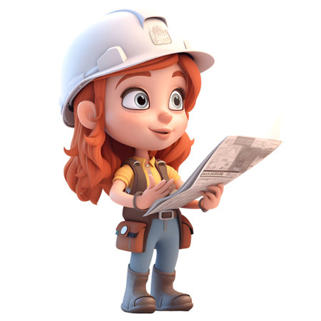 3D Render of a cartoon character with a construction helmet reading a newspaperの素材