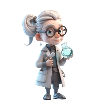 3D illustration of a cartoon character with a lab coat and glassesの素材