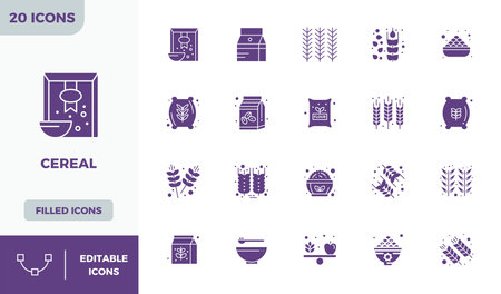 High-performance collection of 20 Glyph Filled vector icons for Cereal, engineered with 128x128 PIXEL perfect resolution for optimal user interface design.のイラスト素材