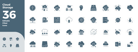Refined bundle featuring 36 Black Filled vector icons for Cloud Storage, optimized with 128x128 PIXEL perfect quality for elegant and functional design solutions.のイラスト素材