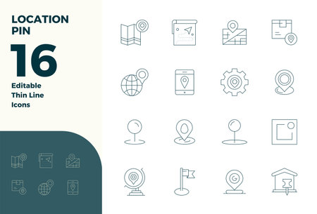 This collection features 16 Thin Line PIXEL perfect vector icons tailored to the Location Pin theme, optimized in 128x128 format for digital design.のイラスト素材