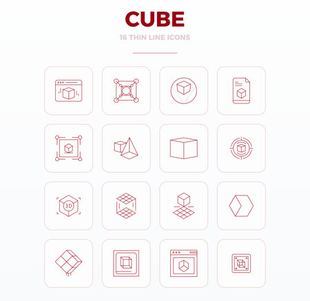 Professionally designed 16 vector icons in Thin Outline, capturing the essence of Cube with 128x128 PIXEL perfect precision for UI design.のイラスト素材