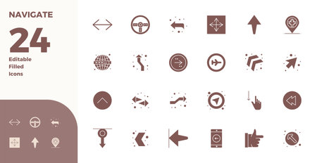 High-performance collection of 24 Glyph Filled vector icons for Navigate, engineered with 128x128 PIXEL perfect resolution for optimal user interface design.のイラスト素材