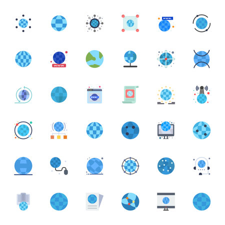 Masterfully created 36 vector icons representing Global Communication in Flat design, featuring 256x256 Detail Enhanced resolution for exceptional visual quality.のイラスト素材