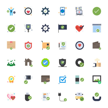 Comprehensive bundle featuring 36 vector icons in Flat design for Ok, delivered in crisp 64x64 Grid Fitted quality.のイラスト素材