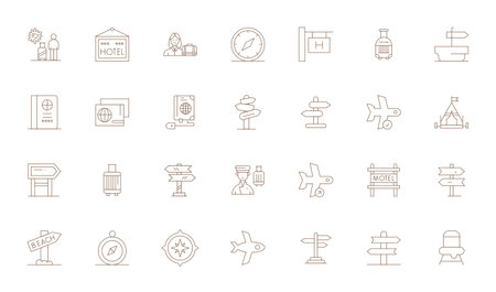 Distinctive pack of 28 Pixel Aligned vector icons inspired by Traveler, crafted in Thin Line format at 128x128 for memorable brand experiences.のイラスト素材