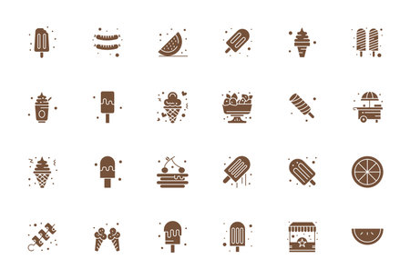 Transform your designs with 24 Filled vector icons themed around Summer Food, engineered in High Resolution Pixel Aligned resolution for maximum clarity.のイラスト素材