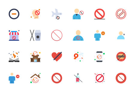 Perfectly balanced 24 Flat Pixel Optimized vector icons for Ban, sized at Retina Ready for harmonious integration in digital design projects.のイラスト素材