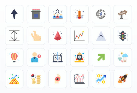 This set of 24 Flat vector icons captures Upward themes in High Resolution Display Perfect quality, perfect for tech and business applications.のイラスト素材