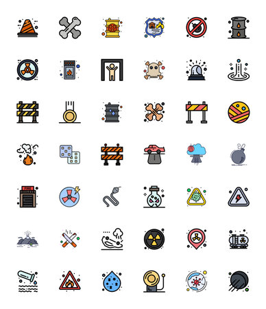 Industry-leading pack of 42 Flat Line Filled Editable vector icons for Hazard, sized at 64x64 for optimal rendering and user interface excellence.のイラスト素材