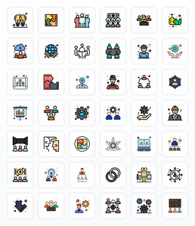 Contemporary collection of 42 vector icons representing Teamwork in Filled Line aesthetic, featuring 256x256 Display Perfect resolution for modern application development.のイラスト素材