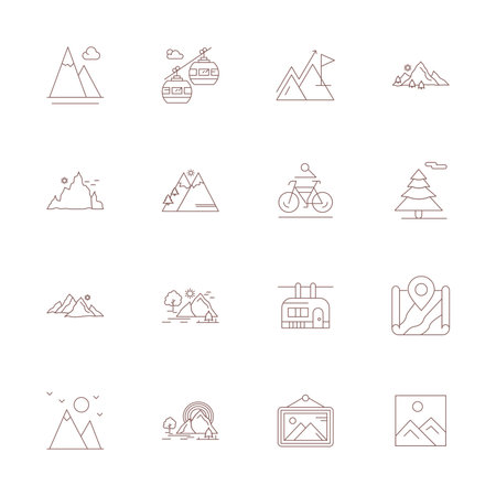 Vector pack with 16 Thin Line Display Perfect icons inspired by Mountain, delivered in High Resolution resolution ideal for scalable and creative design work.のイラスト素材