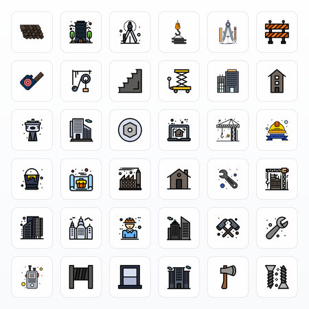Ultimate collection of 36 vector icons representing Construction in Filled Line aesthetic, optimized with 64x64 Grid Fitted resolution for maximum impact.のイラスト素材