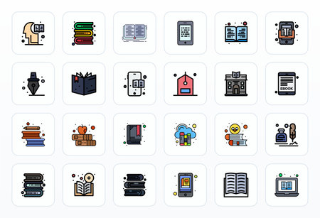 This set of 24 Filled Line vector icons captures Literature themes in 64x64 Pixel Optimized quality, perfect for tech and business applications.のイラスト素材
