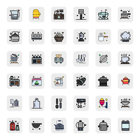Professional-grade collection of 36 LineFilled vector icons representing Kitchenware, crafted with 256x256 Detail Enhanced precision for enterprise applications.のイラスト素材